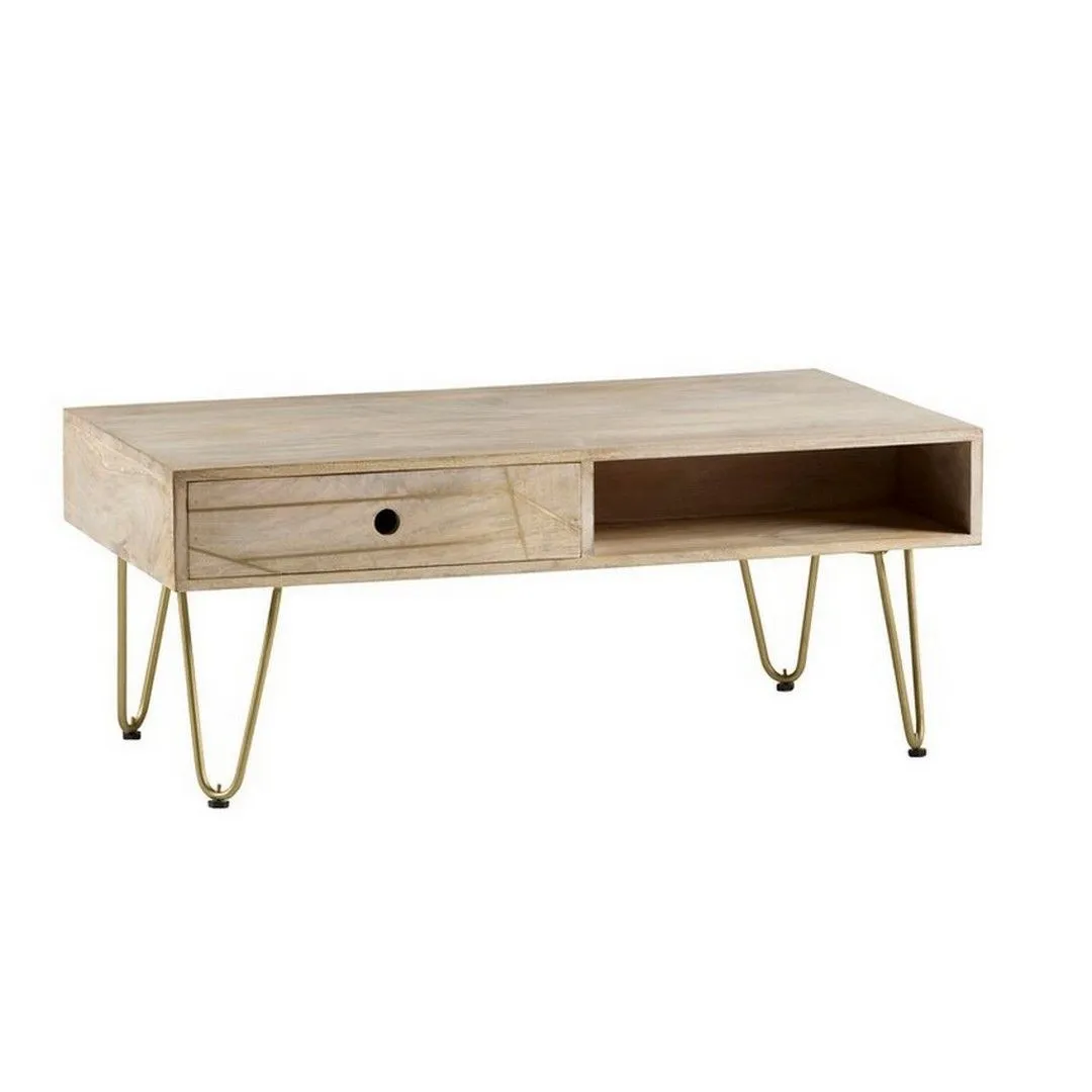 Indian Hub Light Gold Rectangular Coffee Table with Drawer - Solid Mango Wood - L60 x W110 x H45 cm in Brown