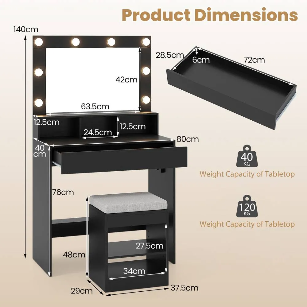 Costway Makeup Vanity Desk Set w/Mirror &Lights Dressing Table w/Stool &Drawer in Black 4