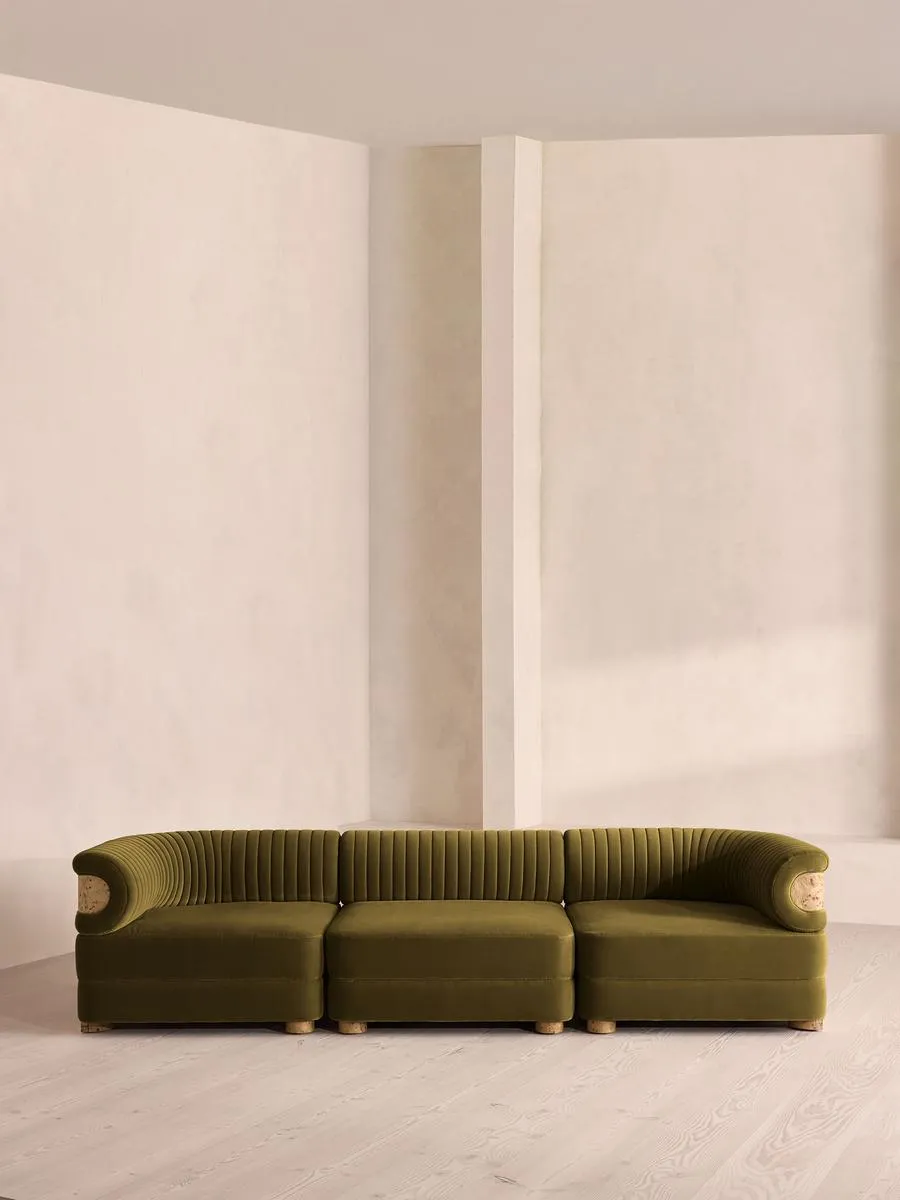 Caleb Modular Four Seater Sofa, Velvet, Olive, Blonde Burl