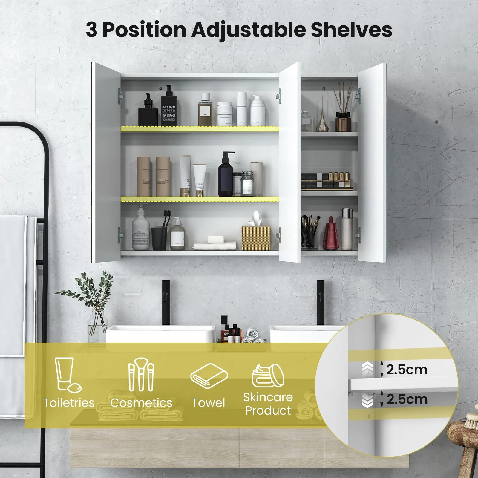Costway Wall-Mounted Bathroom Mirror Cabinet 3 Door Storage Cupboard Adjustable Shelves in White 5