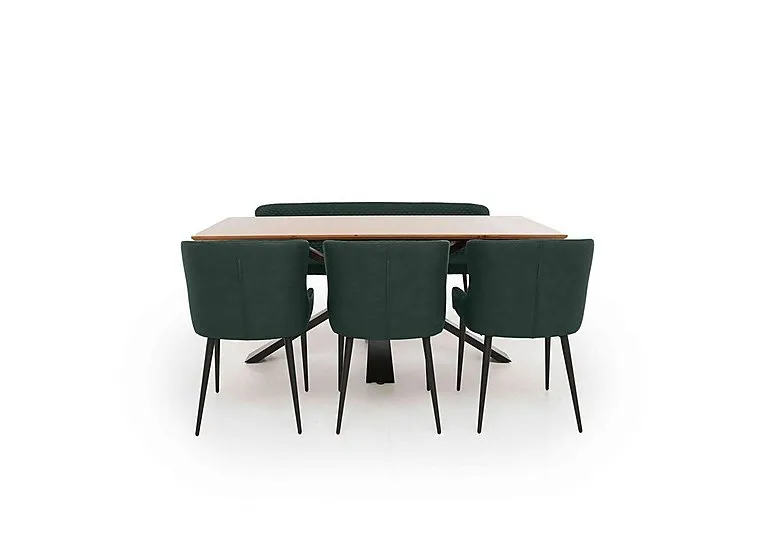 Hanoi Fixed Dining Table with Metal Base and 3 Faux Leather Chairs and a Bench - Bottle Green