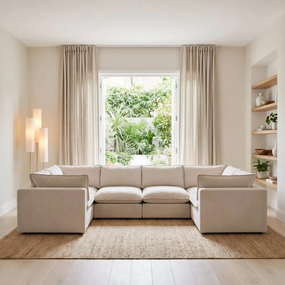 FurnitureboxUK Echo Linen-Look Fabric 5 Seater U-Shaped Modular Corner Sofa in Cream 2
