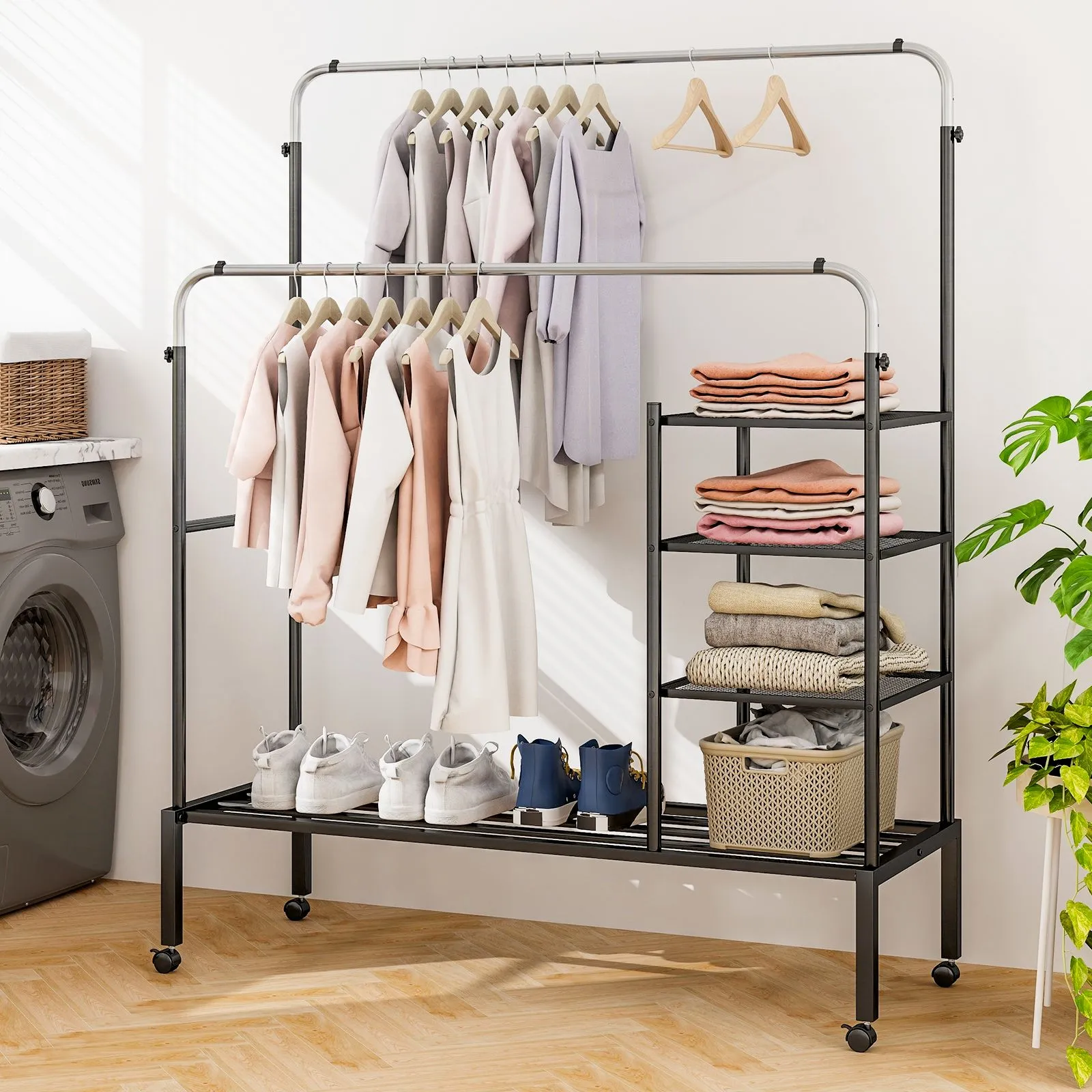 Costway Rolling Clothes Drying Rack Adjustable Double Rods Garment Rack in Black 2