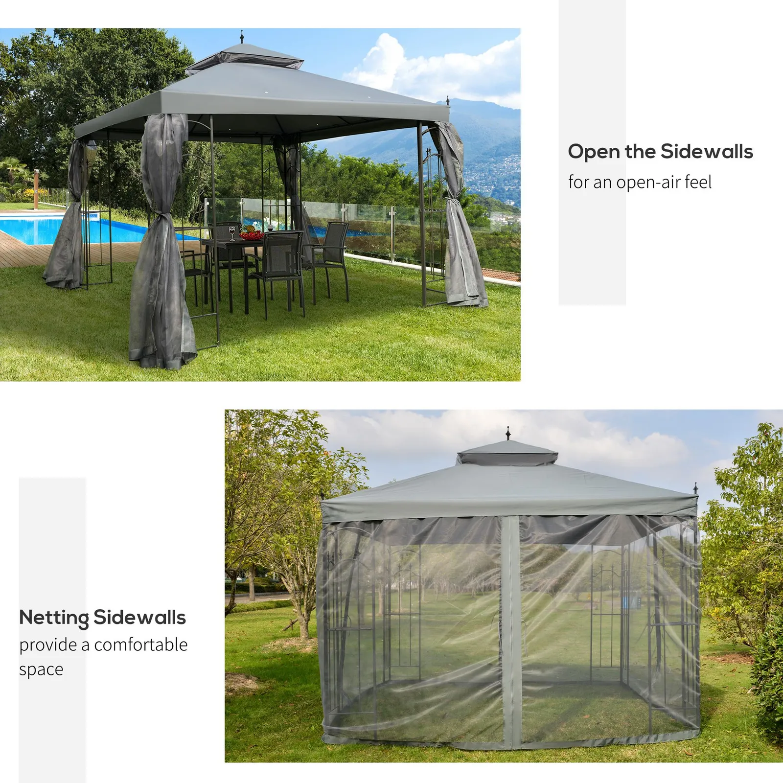OUTSUNNY 3 x 3(m) Garden Gazebo Double Top Gazebo Canopy w/ Curtains in Grey 6