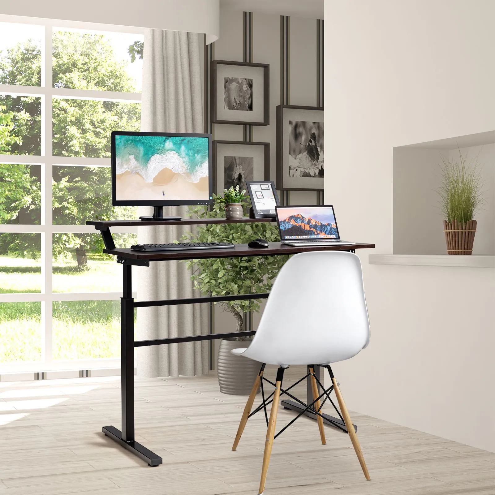 Costway 2-Tier Standing Computer Desk Sit to Stand Workstation Ergonomic Computer Table in Brown 4