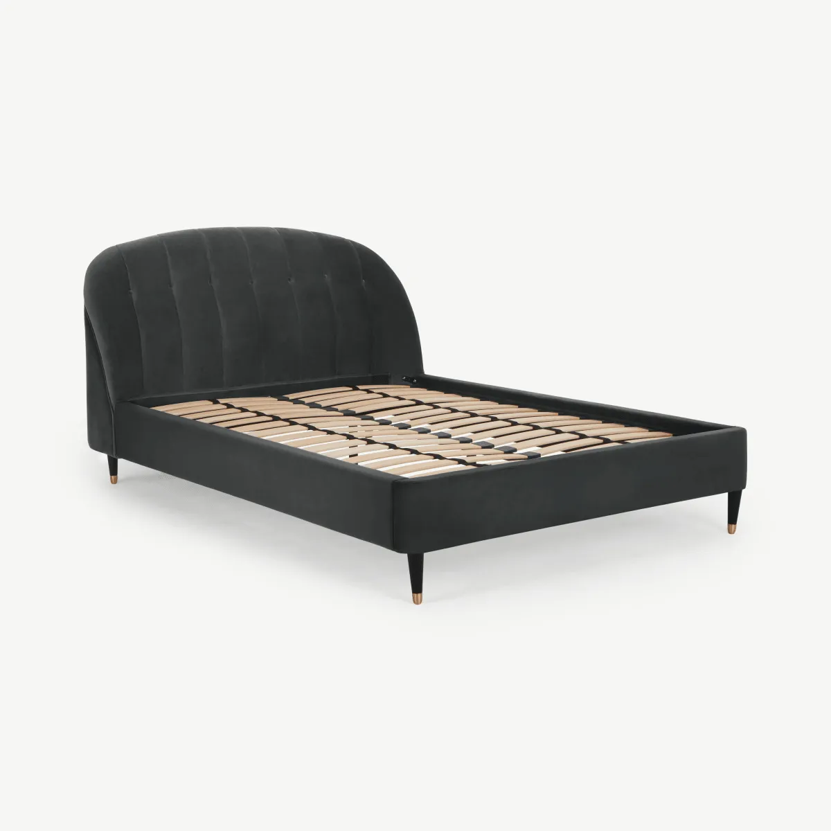 Margot King Size Bed, Midnight Grey Velvet & Black Stain Copper Legs