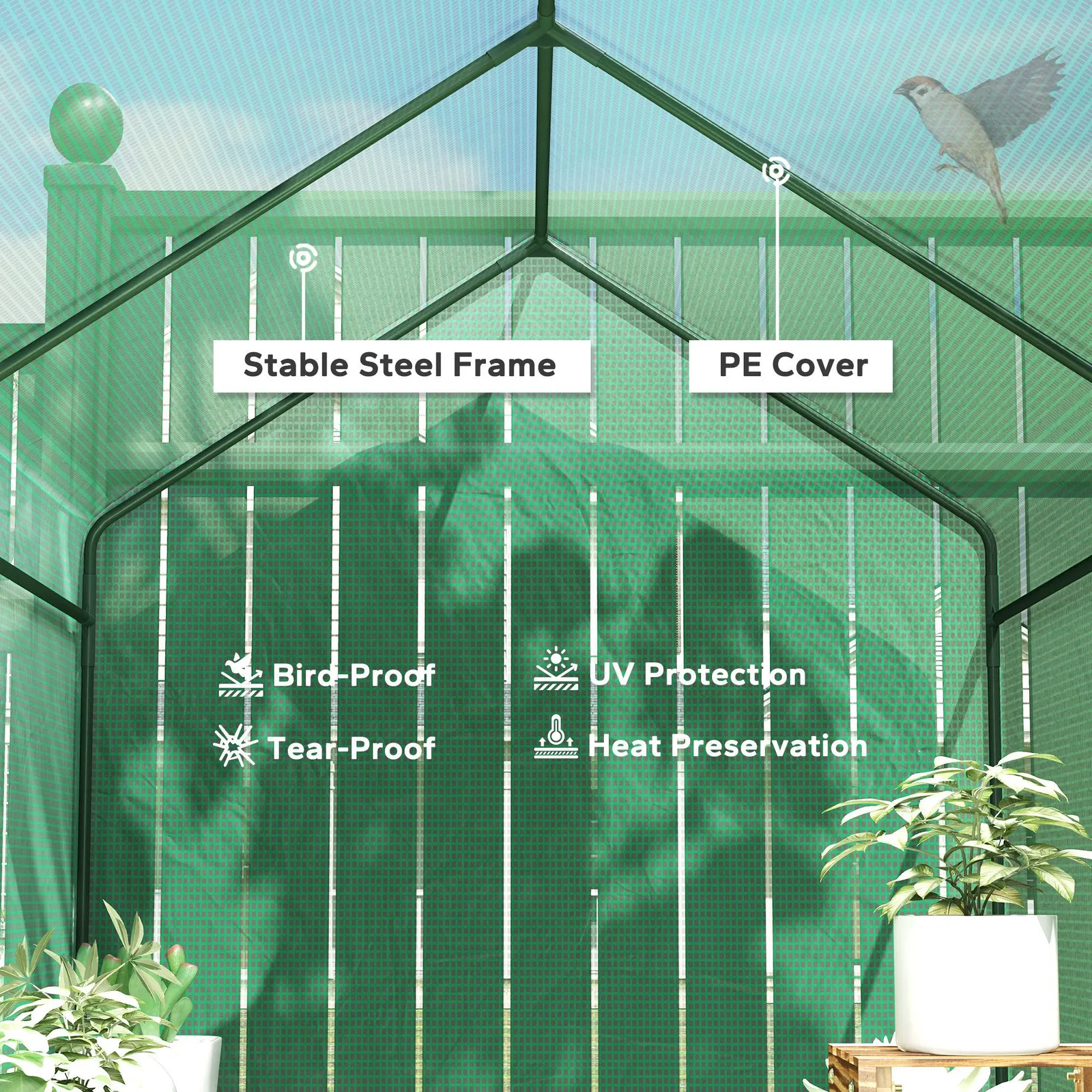 OUTSUNNY Walk in Greenhouse w/Shelves Steeple Grow House 120 x 186 x 190 cm in Green 4