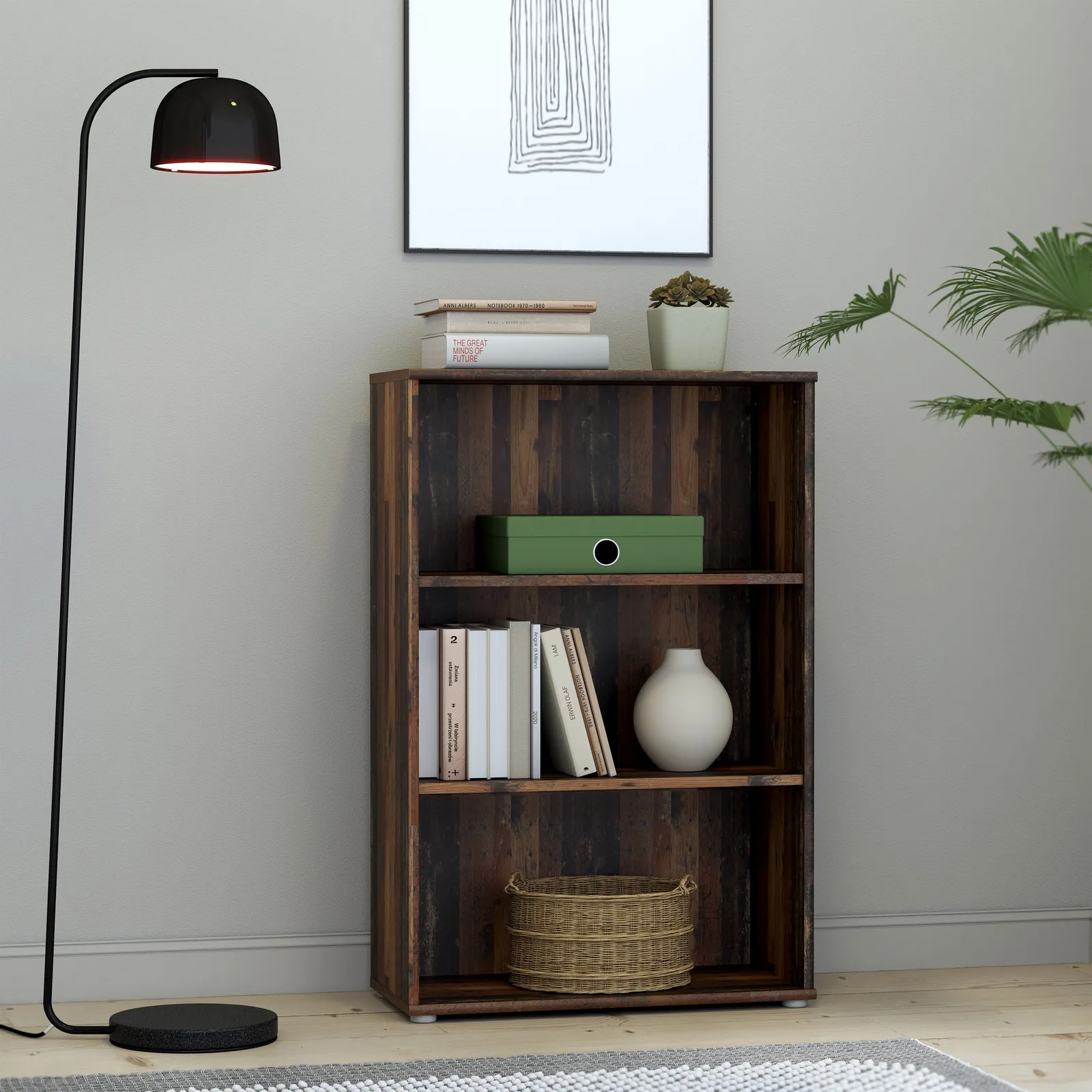 Furniture To Go Essential Tall Wide 2 Shelf Bookcase in Vintage Oak in Dark Brown 4