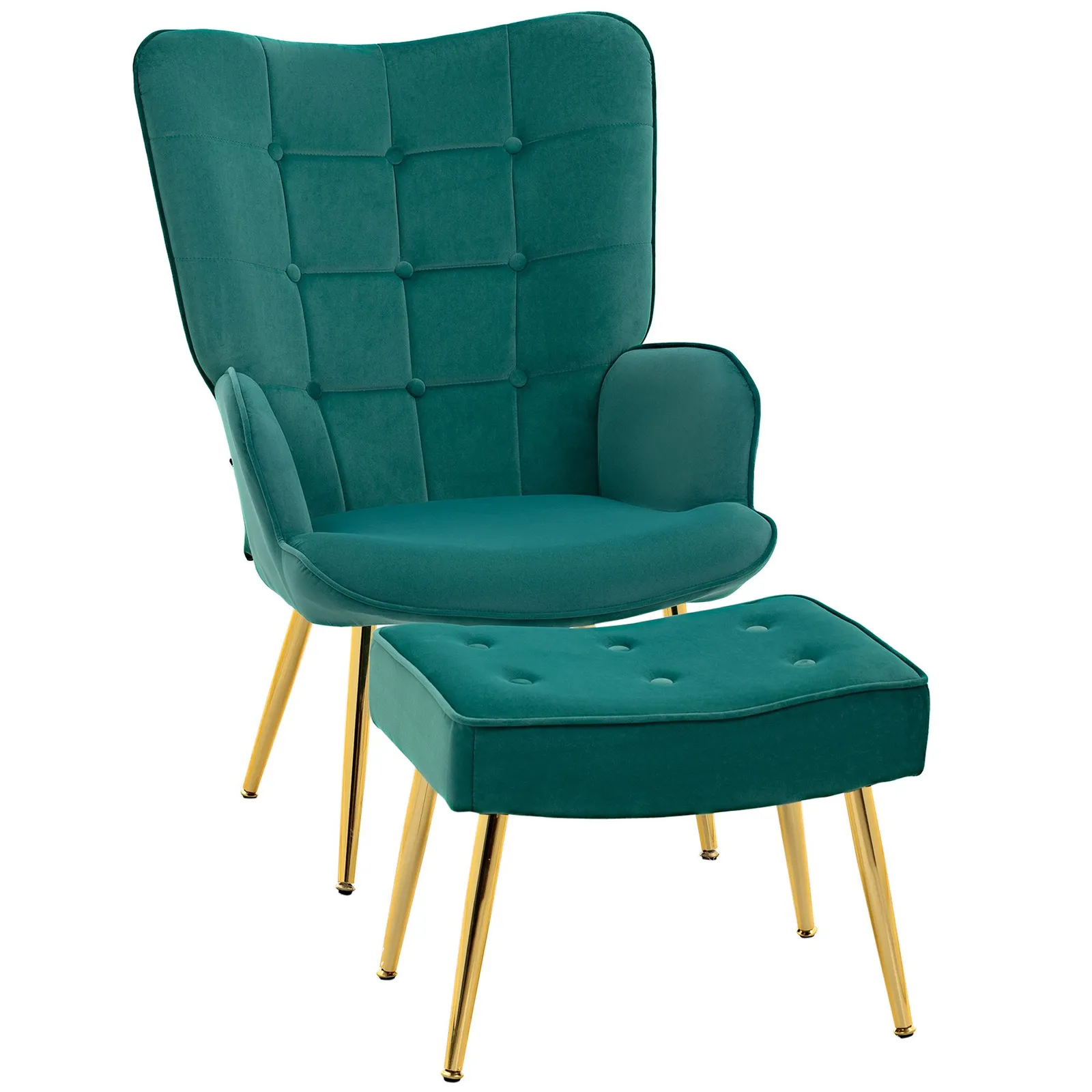 HOMCOM Armchair with Footstool Button Tufted Accent Chair w/ Steel Legs in Green 2