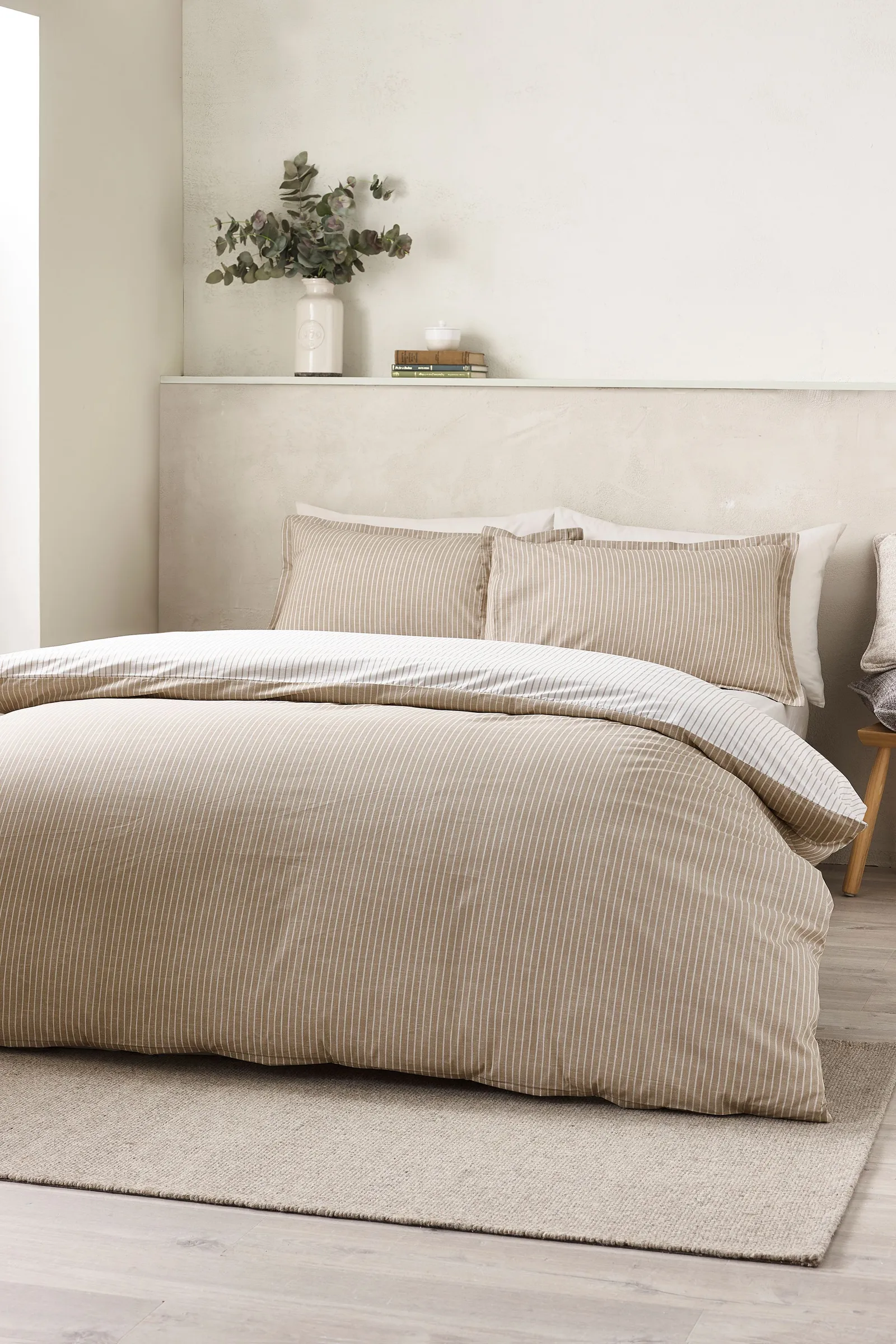 Catherine Lansfield 'Oxford Pinstripe' Reversible Duvet Cover Set in Natural 2