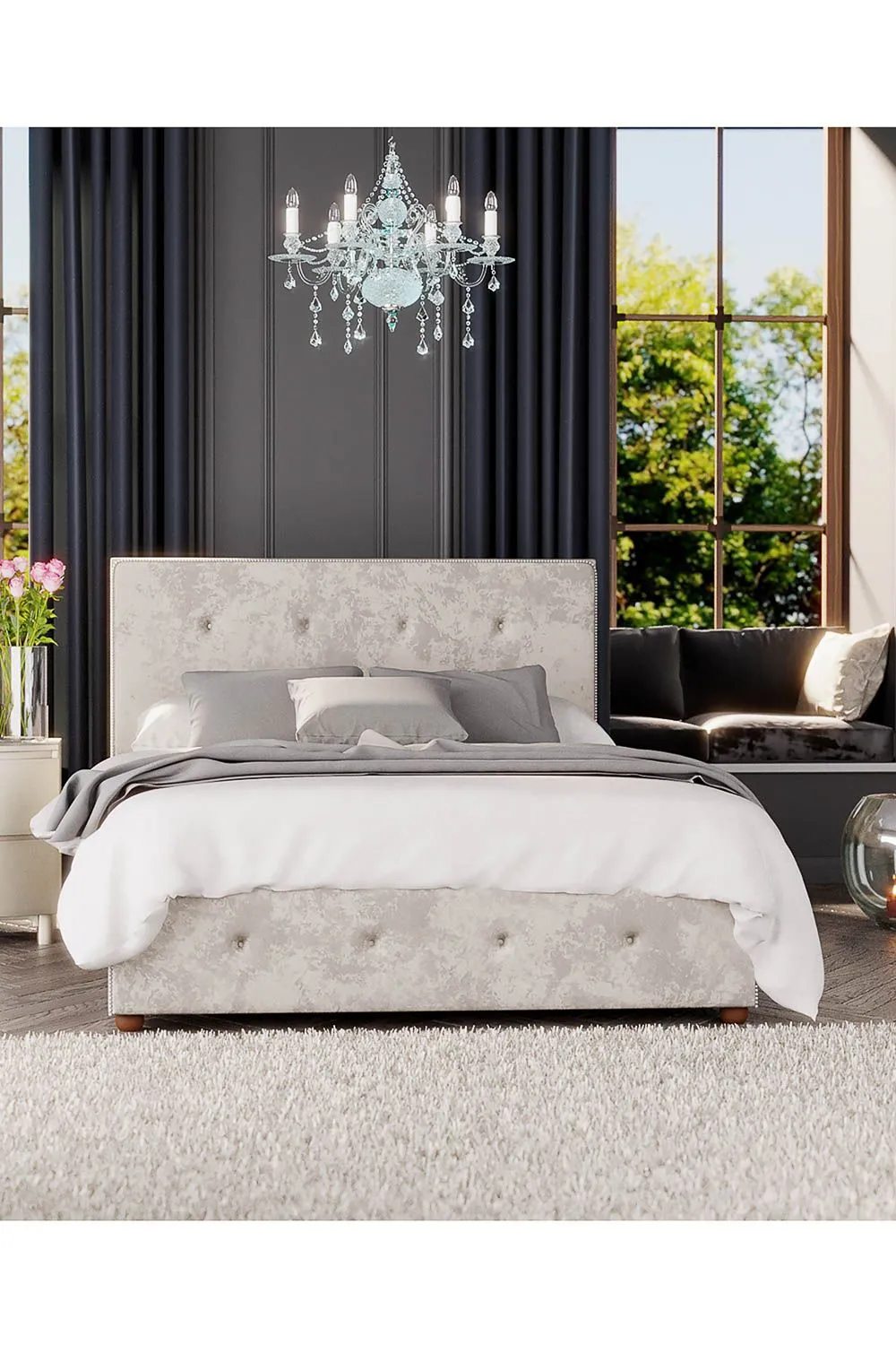 Laurence Llewelyn-Bowen Hesper Ottoman Storage Bed in Mirazzi Velvet Fabric, Custom Made in Ivory 5