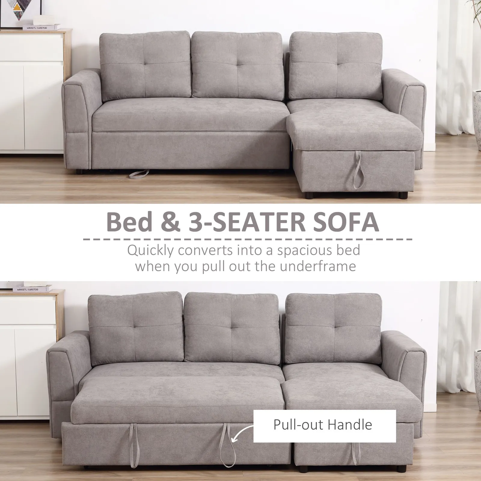 HOMCOM Linen-Look L-Shaped Sofa Bed with Storage Bed Sleeper Flat Studio in Grey 4