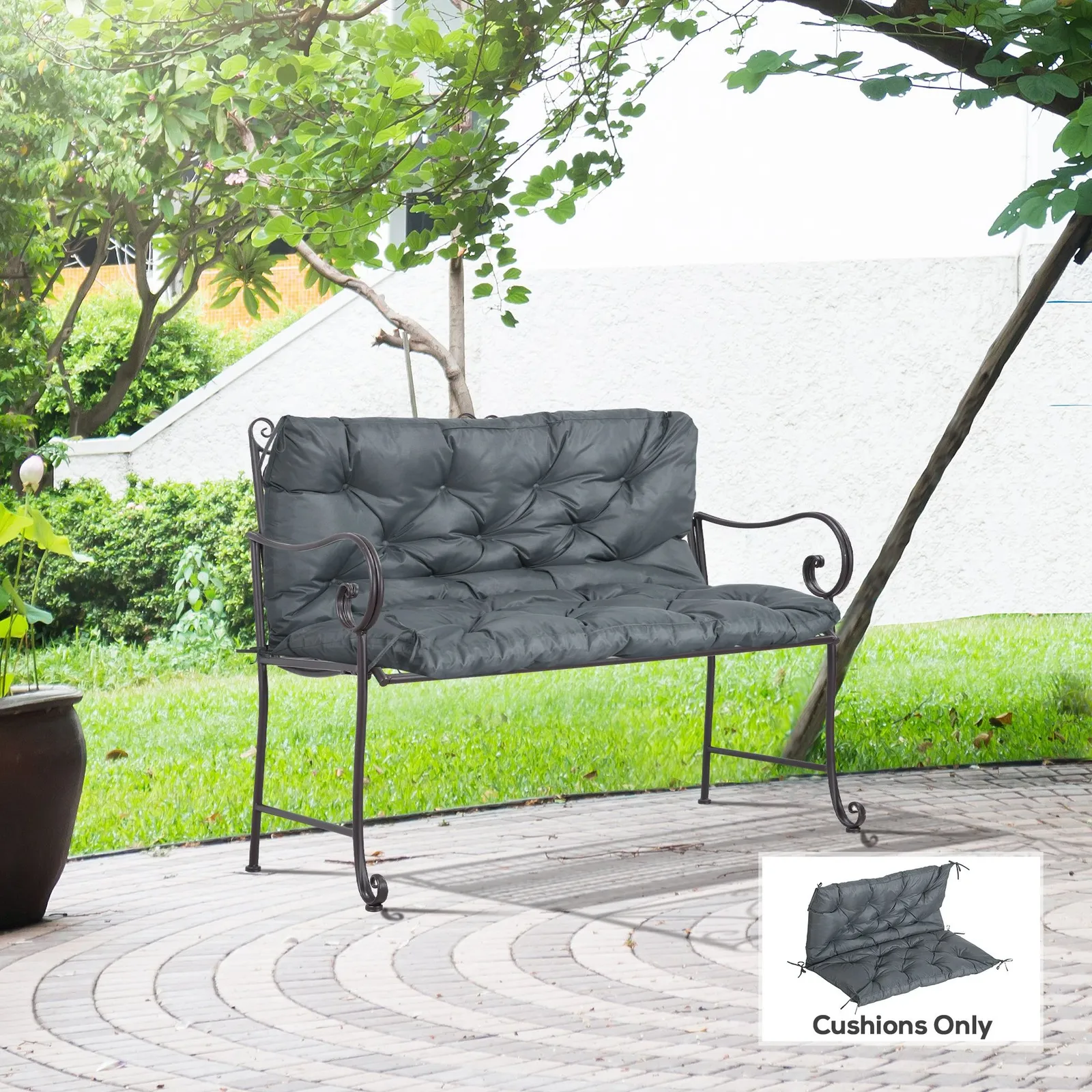 OUTSUNNY 2 Seater Garden Bench Cushion Outdoor Seat Pad with Ties in Dark Grey