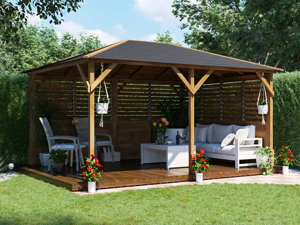 Dunster House Wooden Gazebo with Louvre Wall & Shingles 4m x 3m - Utopia in Brown