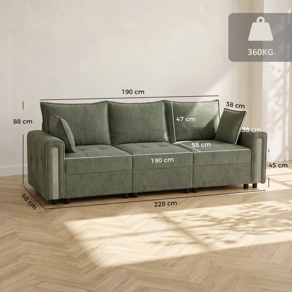 HOMCOM 3 Seater Sofa with Lift-Up Storage, 228 cm Velvet Couch, Dark Green 3