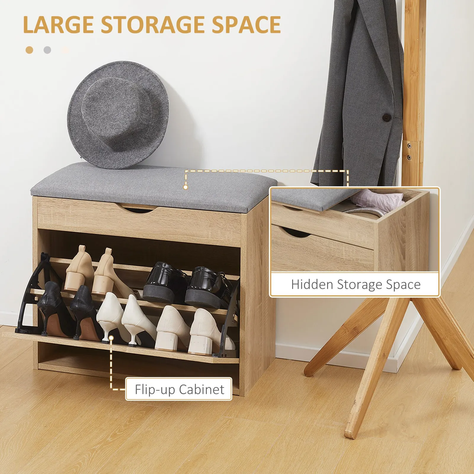 HOMCOM Upholstered Shoe Storage Bench with Flip-up Cabinet, Hidden Space in Natural 4