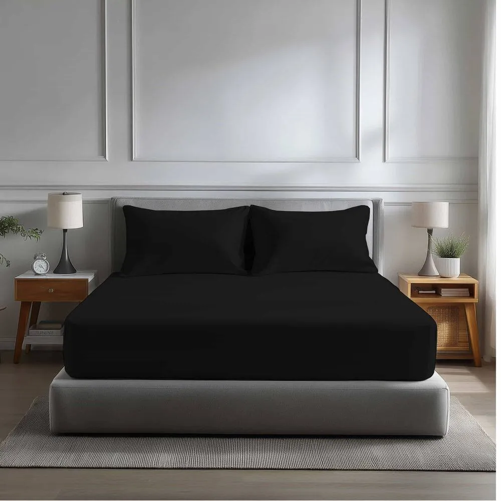 Snug City Microfibre Soft Touch Fitted Sheet 40cm Extra Deep Skirt Plain Dyed Bed Linen in Black
