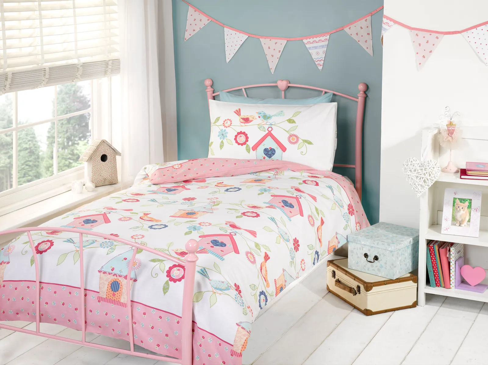 Rapport Home Birds Houses Polycotton Duvet Cover Set With Pillowcase in Pink