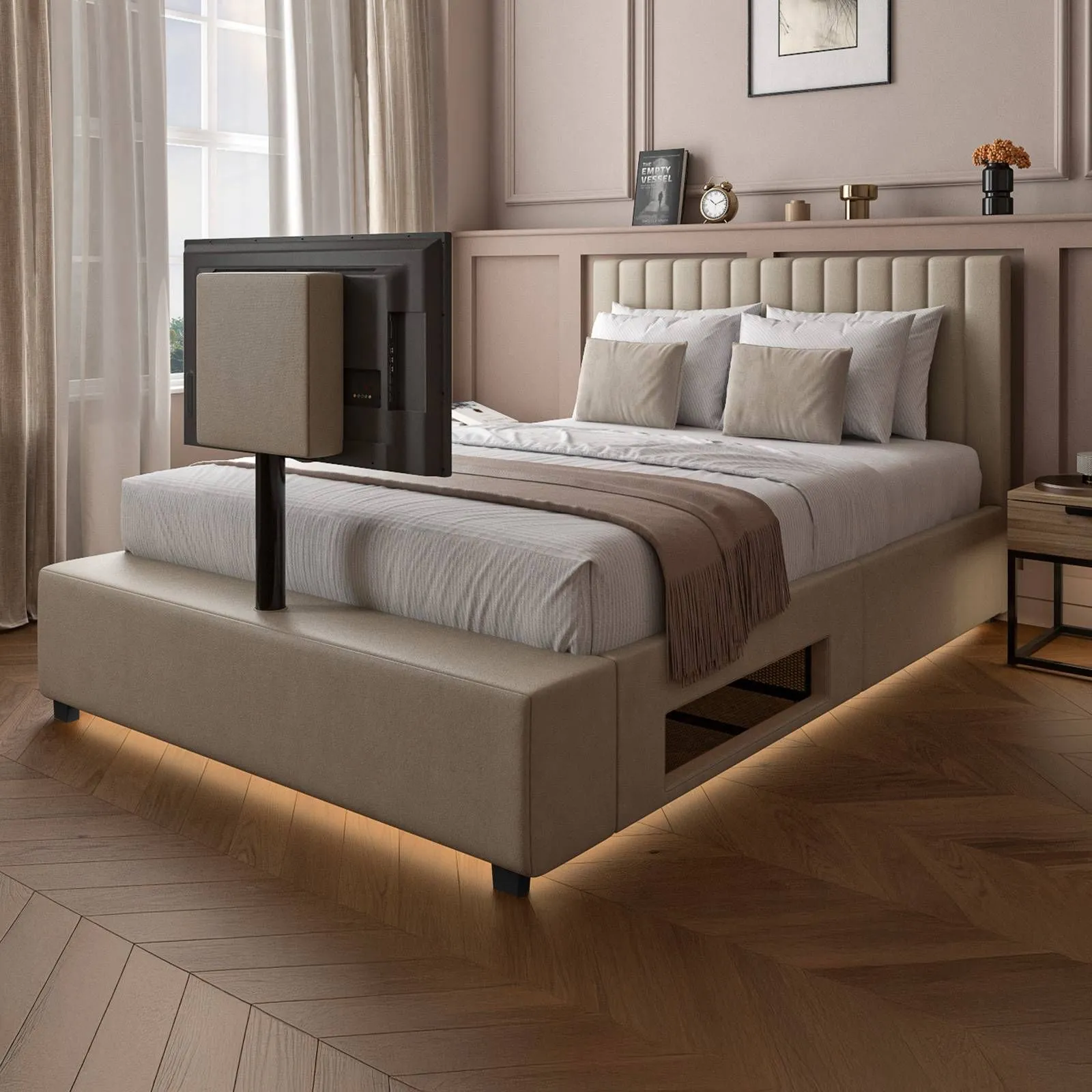 X Rocker Maisie Velvet Upholstered Ottoman TV Bed with Storage & LED Lights in Beige 1