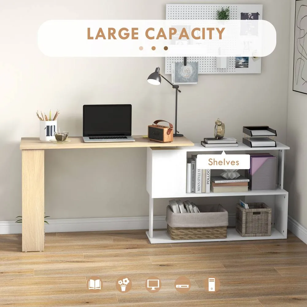 HOMCOM Corner Desk with Rotating Design & Bookshelf, Natural & White 4