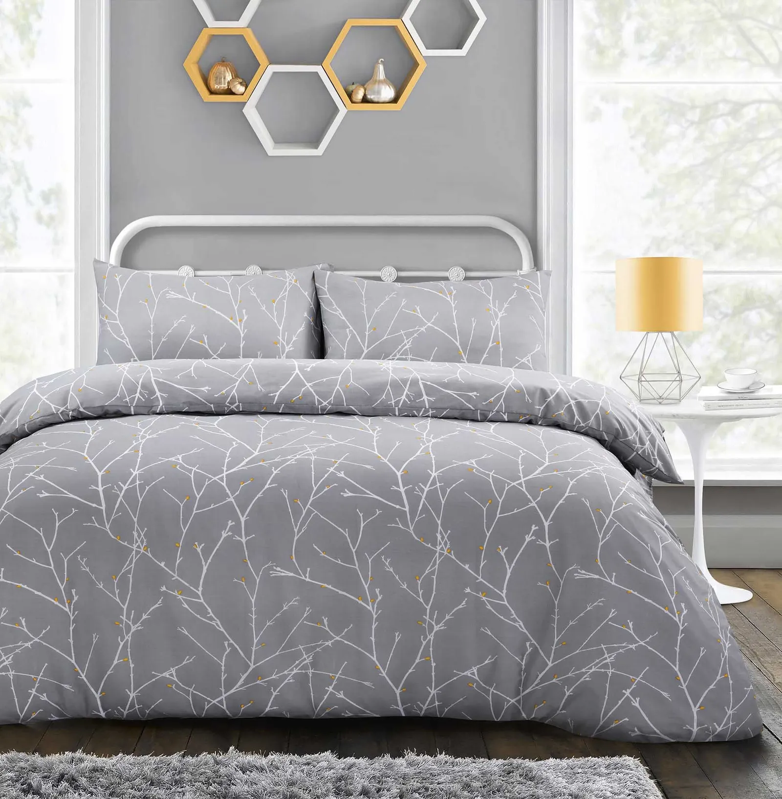 Velosso Autumn Branches Duvet Cover & Pillowcase Set - Printed Cotton Rich in Grey