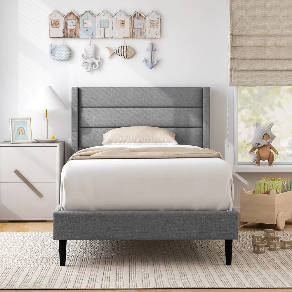 Costway Single Bed Frame Linen Upholstered Platform Bed w/Headboard in Grey 3
