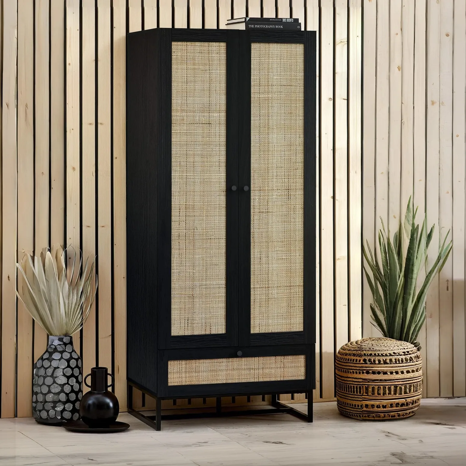 Padstow - Combination Wardrobe - Black - Wooden/Rattan - Happy Beds 1