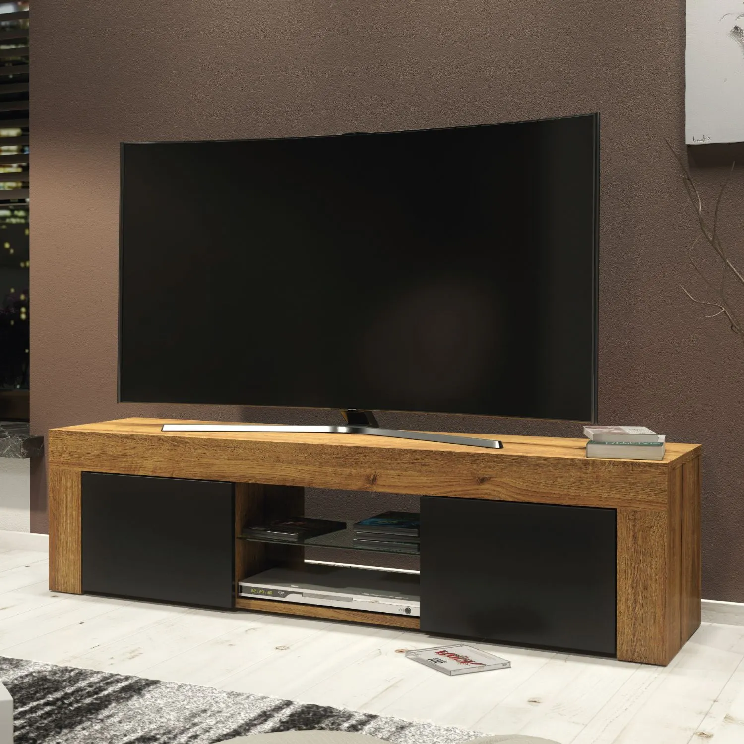 Creative Furniture Loom TV Unit 130cm Modern - Oak with Black Matt Doors in Brown 5