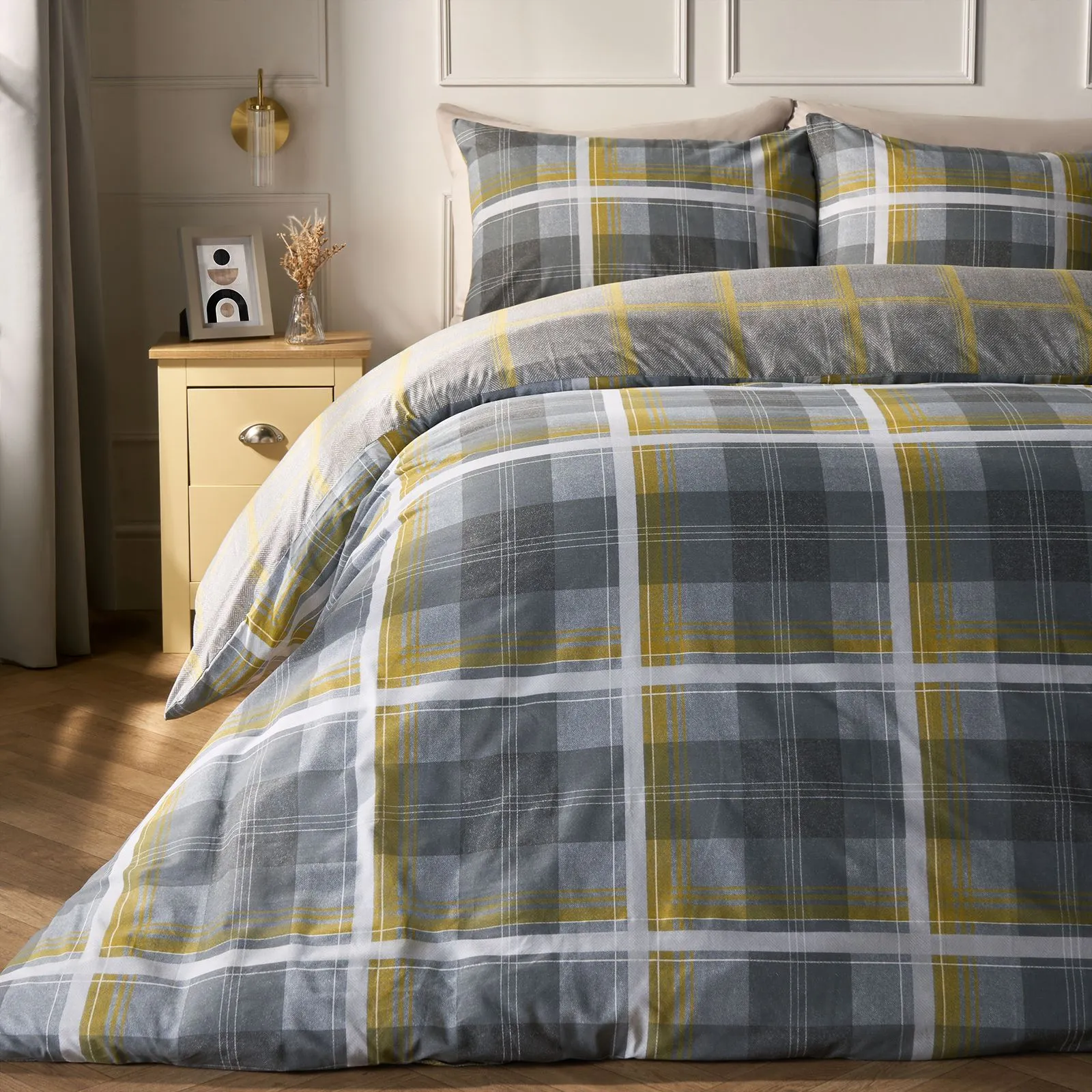 OHS Denim Check Duvet Cover with Pillowcase in Yellow