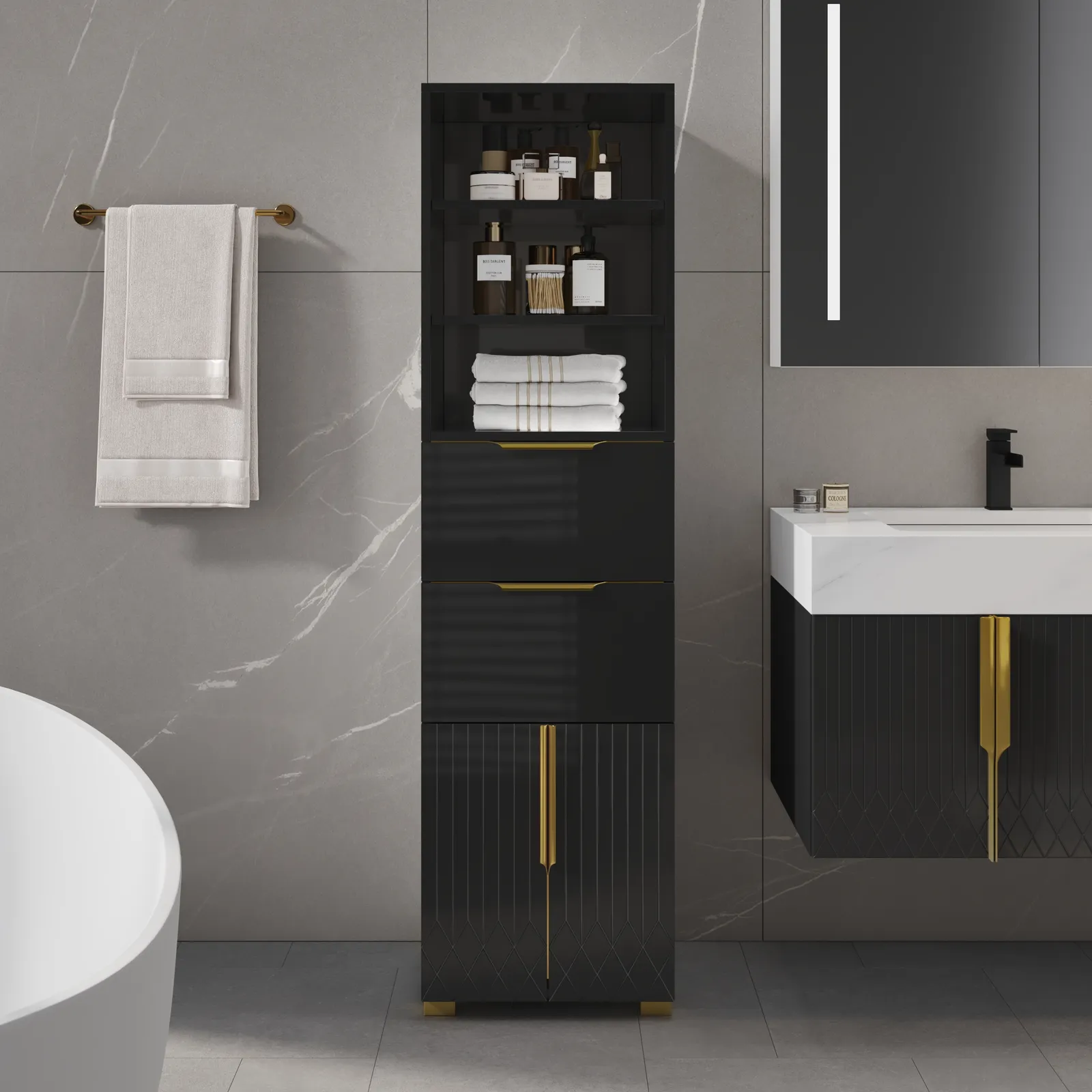 Aro 149cm Bathroom Storage Cabinet Freestanding Linen Tower with Shelves Drawers & Doors