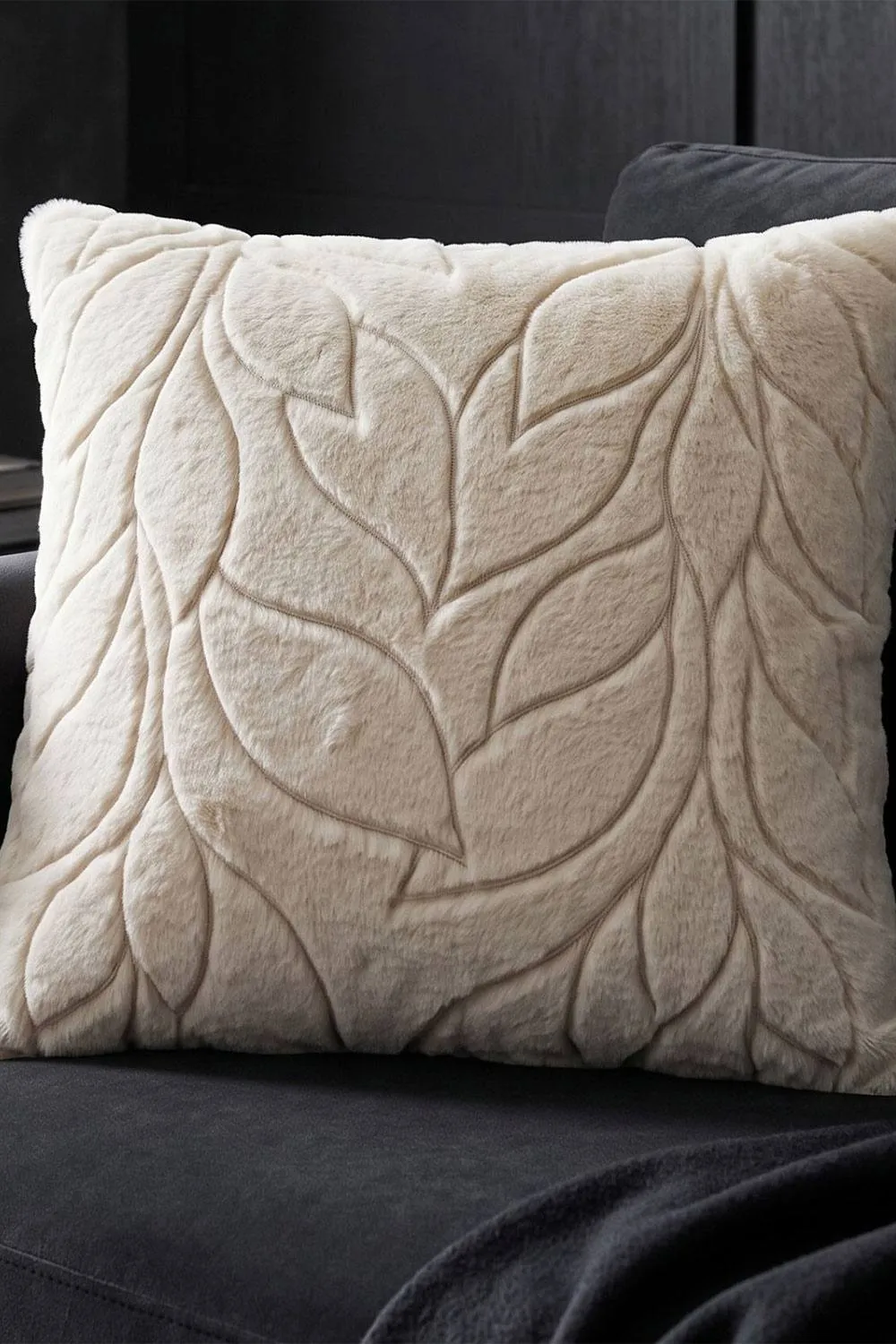 Homescapes Faux Fur Embossed Botanical Leaves Cushion with Cover in Beige 2