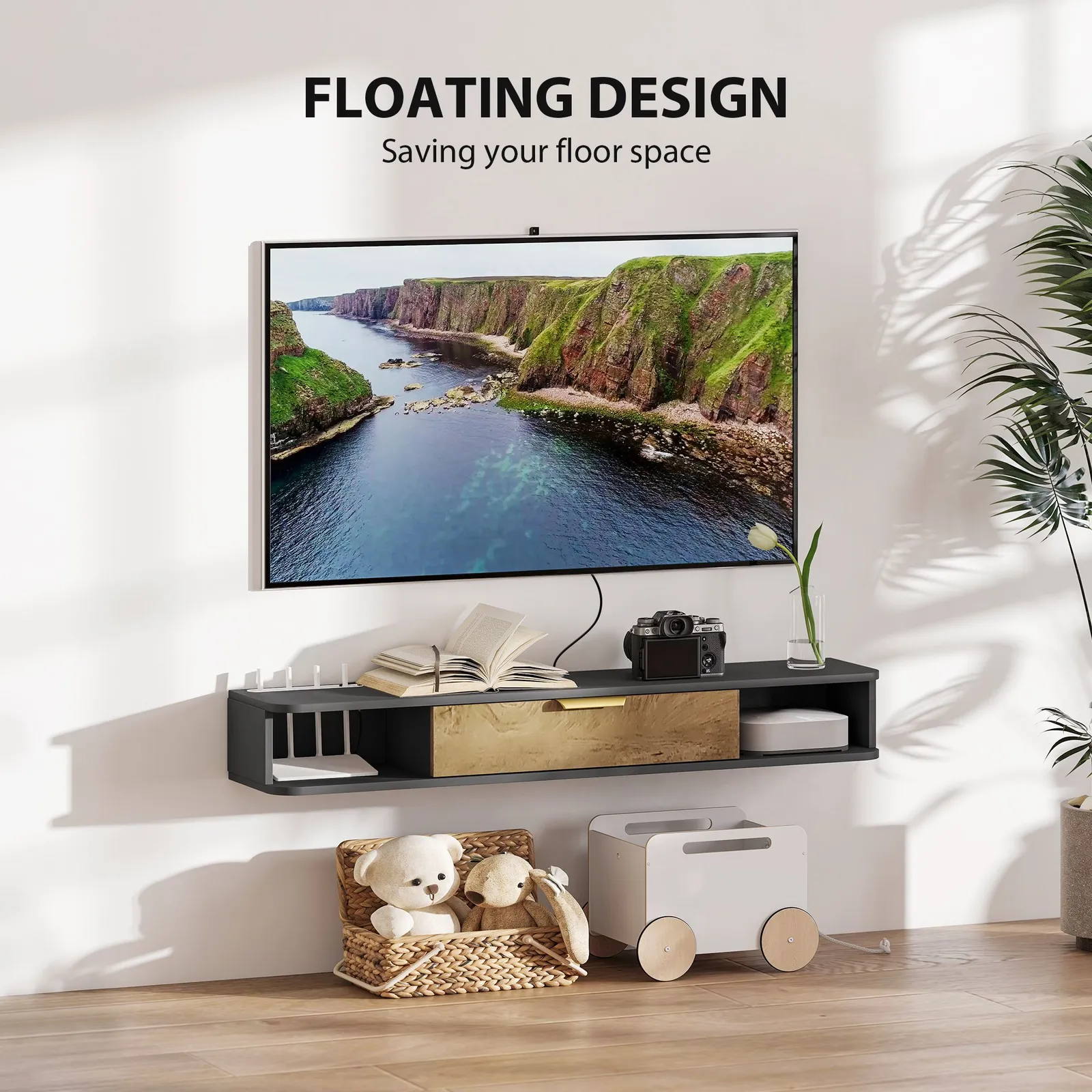 HOMCOM 120 cm Floating TV Unit with Storage Entertainment Media Console Grey in Dark Grey 4