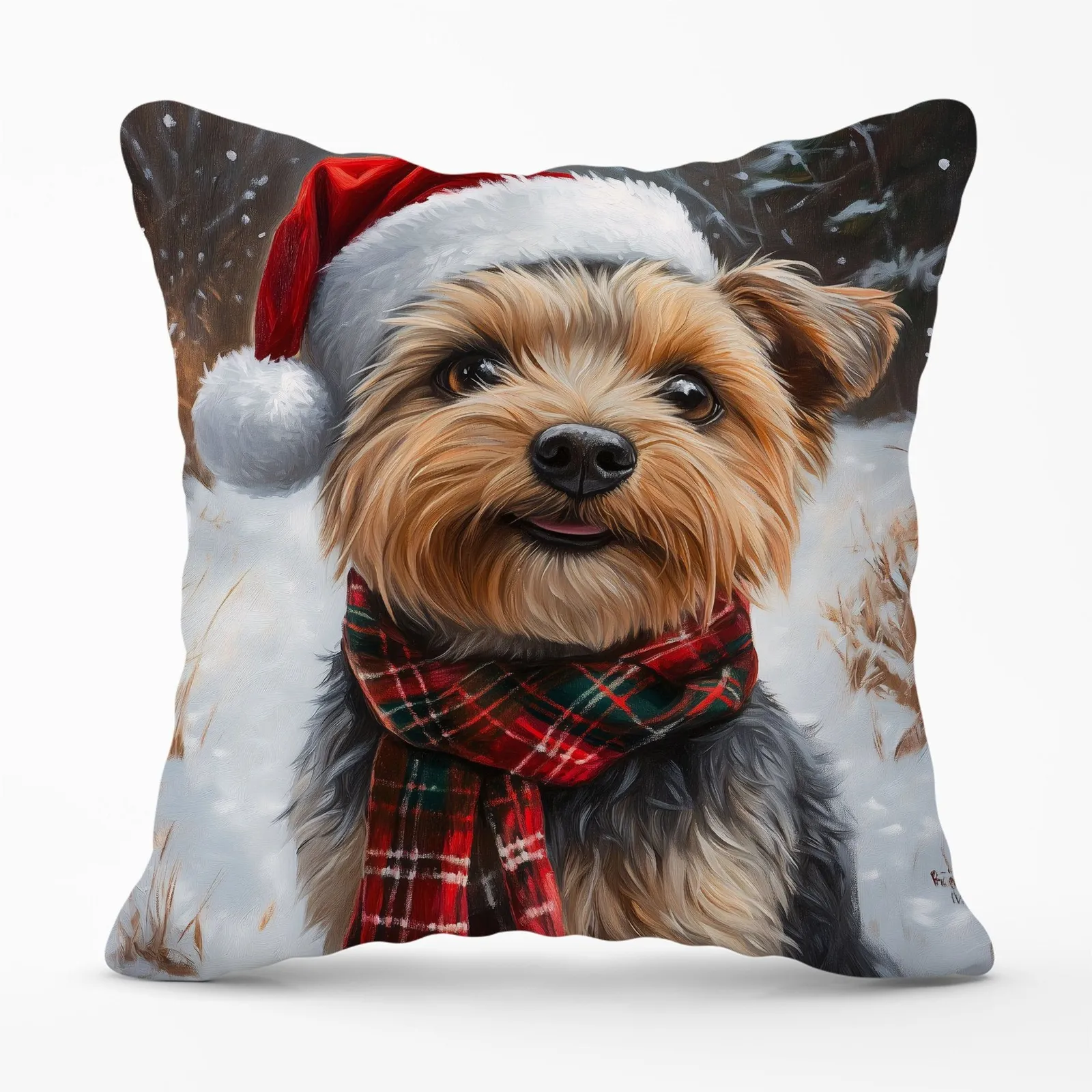 Warren Reed - Designer Christmas Yorkshire Terrier Cushion in Brown
