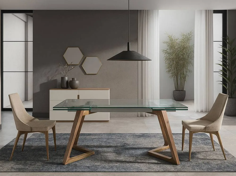 Angel Cerda Rectangular Tempered Glass Extending Dining Table in Walnut 6