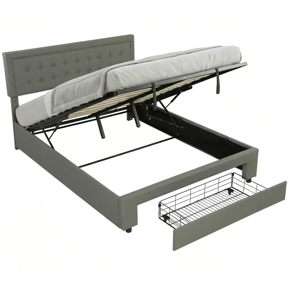 HOMCOM PU Leather King Bed Frame with Storage & Adjustable Headboard, Grey 2