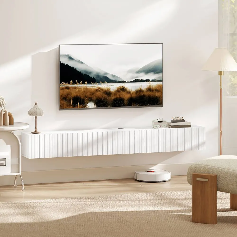 HOMCOM Wall Mount TV Stand Cabinet with Fluted Flip-Down Doors in White