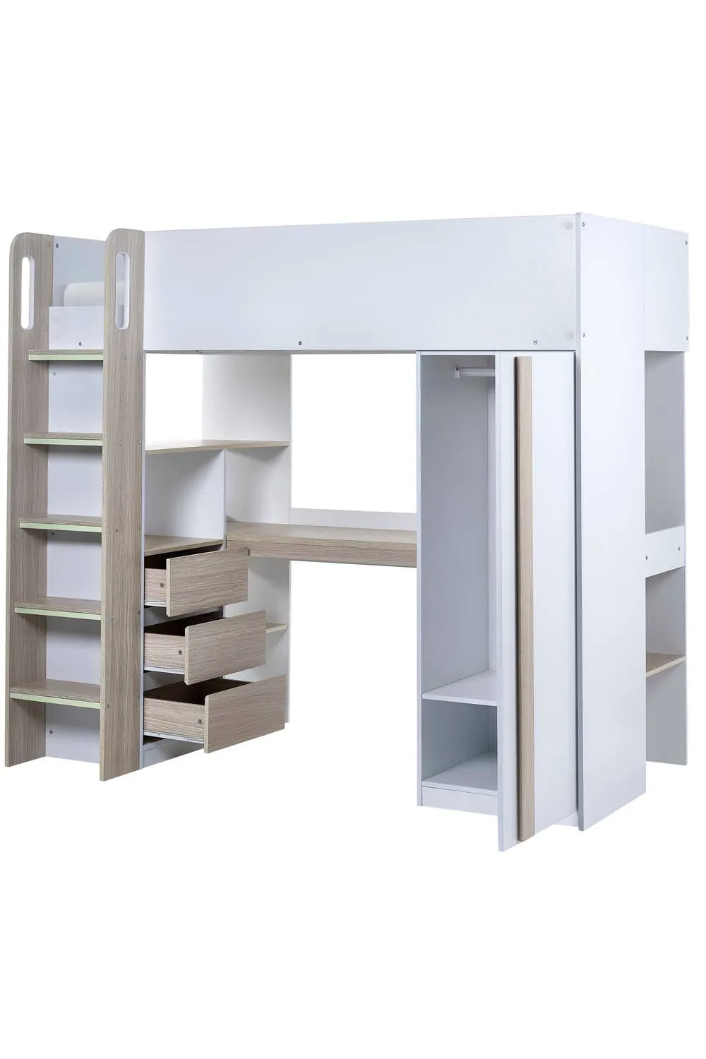 Julian Bowen Ocean Single White & Wood Effect Highsleeper Loft Bed with Desk 3
