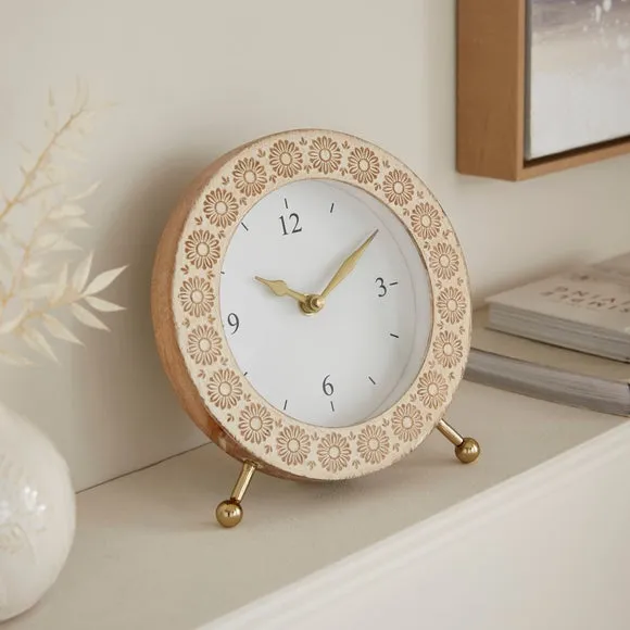 Carved Mango Wood Round Mantel Clock