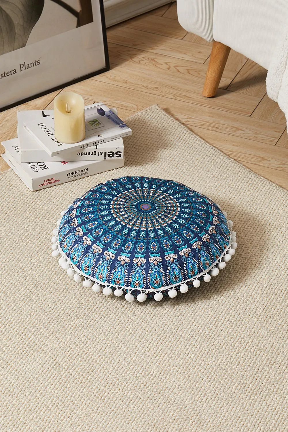 Living and Home 43cm/16.93in Boho Chic Round Feather Throw Pillow Cover Floor Pillow Cover in Blue