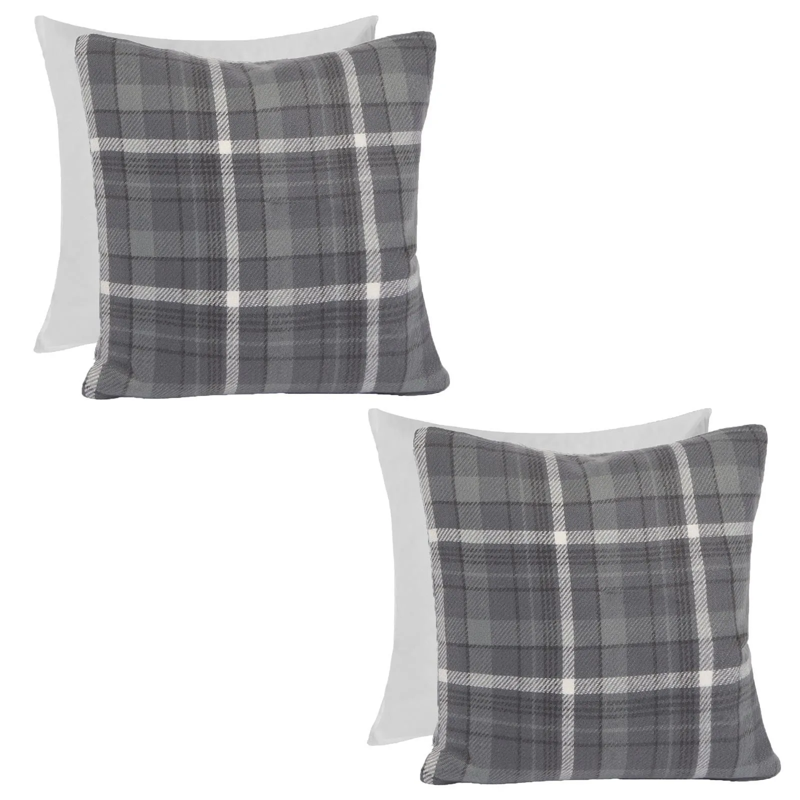 OHS Woven Check Cushion Covers Tartan Pack of 2 Filled Case Pad Set in Charcoal