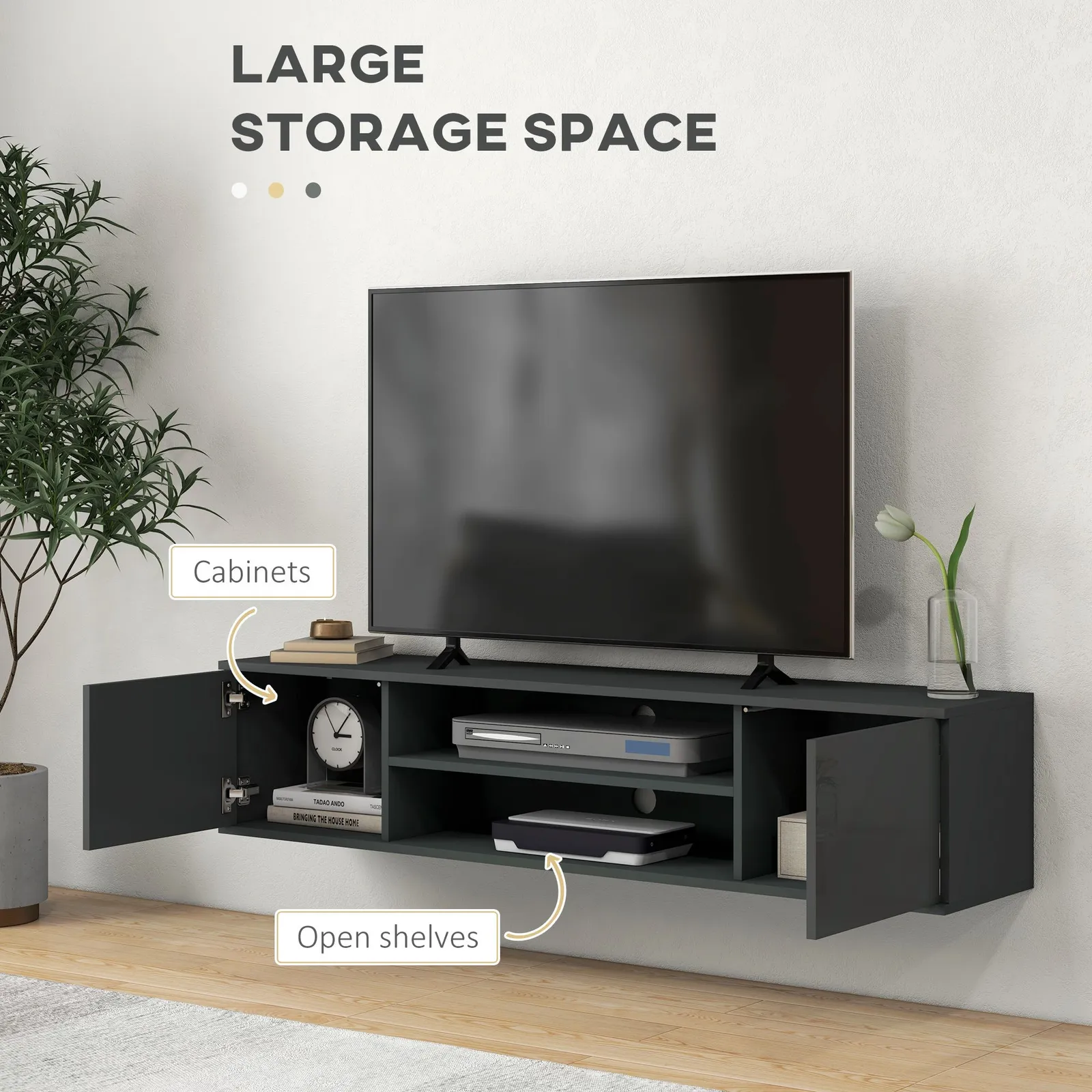 HOMCOM Floating TV Stand Cabinet for 60" TVs W/ Shelves & Cabinets in Grey 5