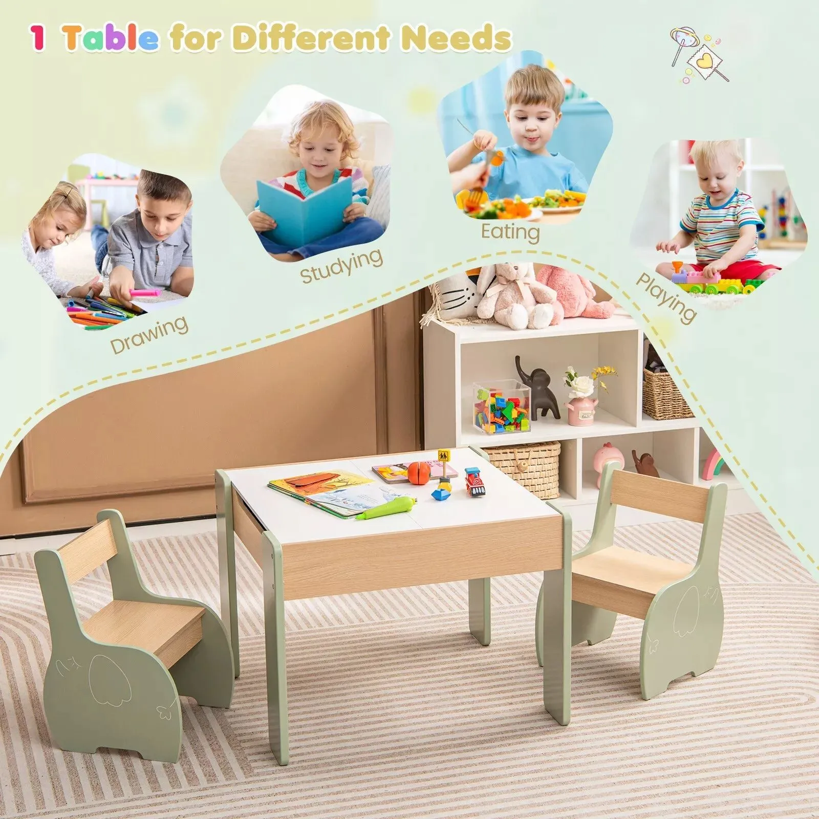Costway Wooden Table & Chair Set Activity Desk 2 Chairs with Reversible Blackborad in Green 5