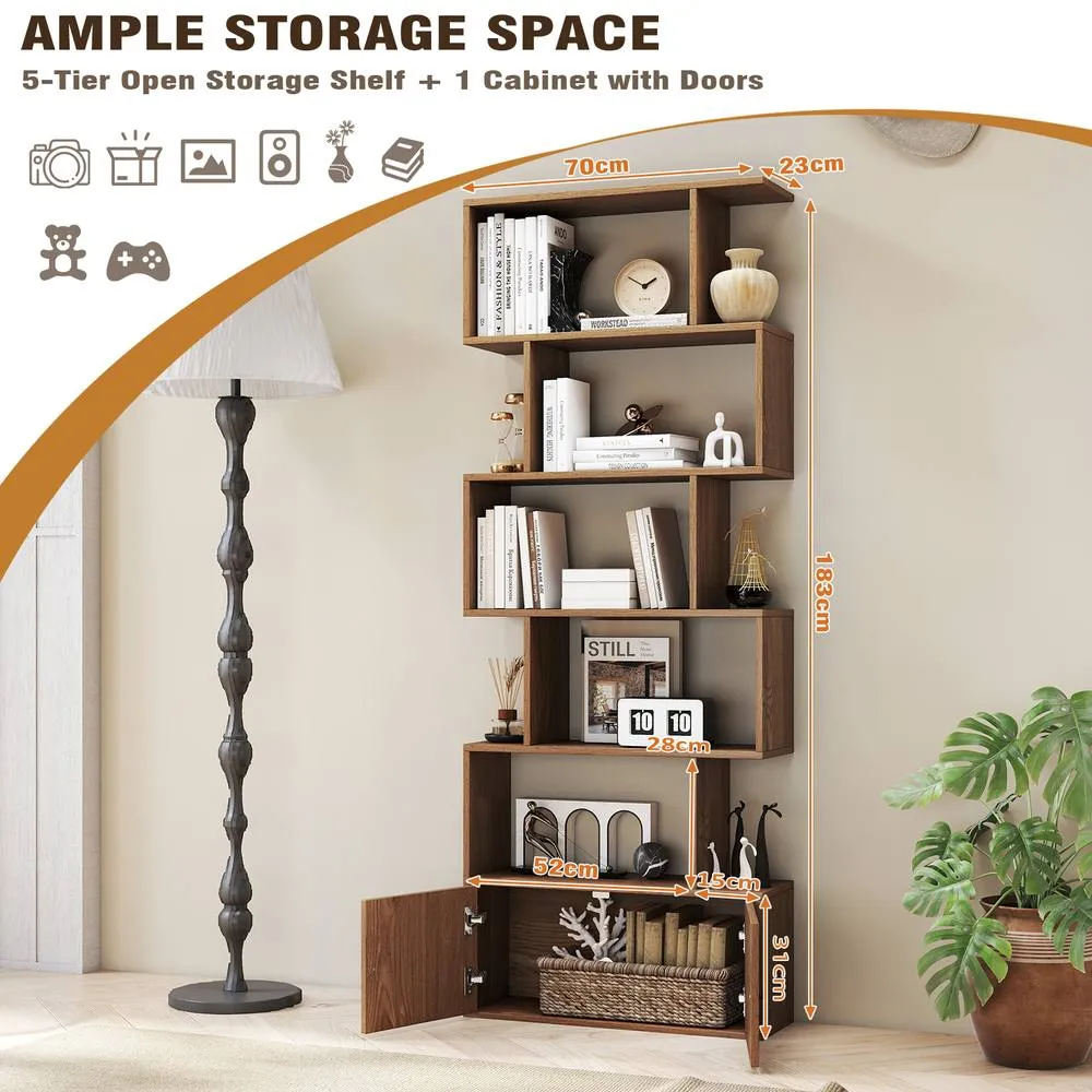 Costway 6-Tier Bookshelf w/ Cabinet S-Shaped Bookcase Shelf Storage Organizer in Natural 2