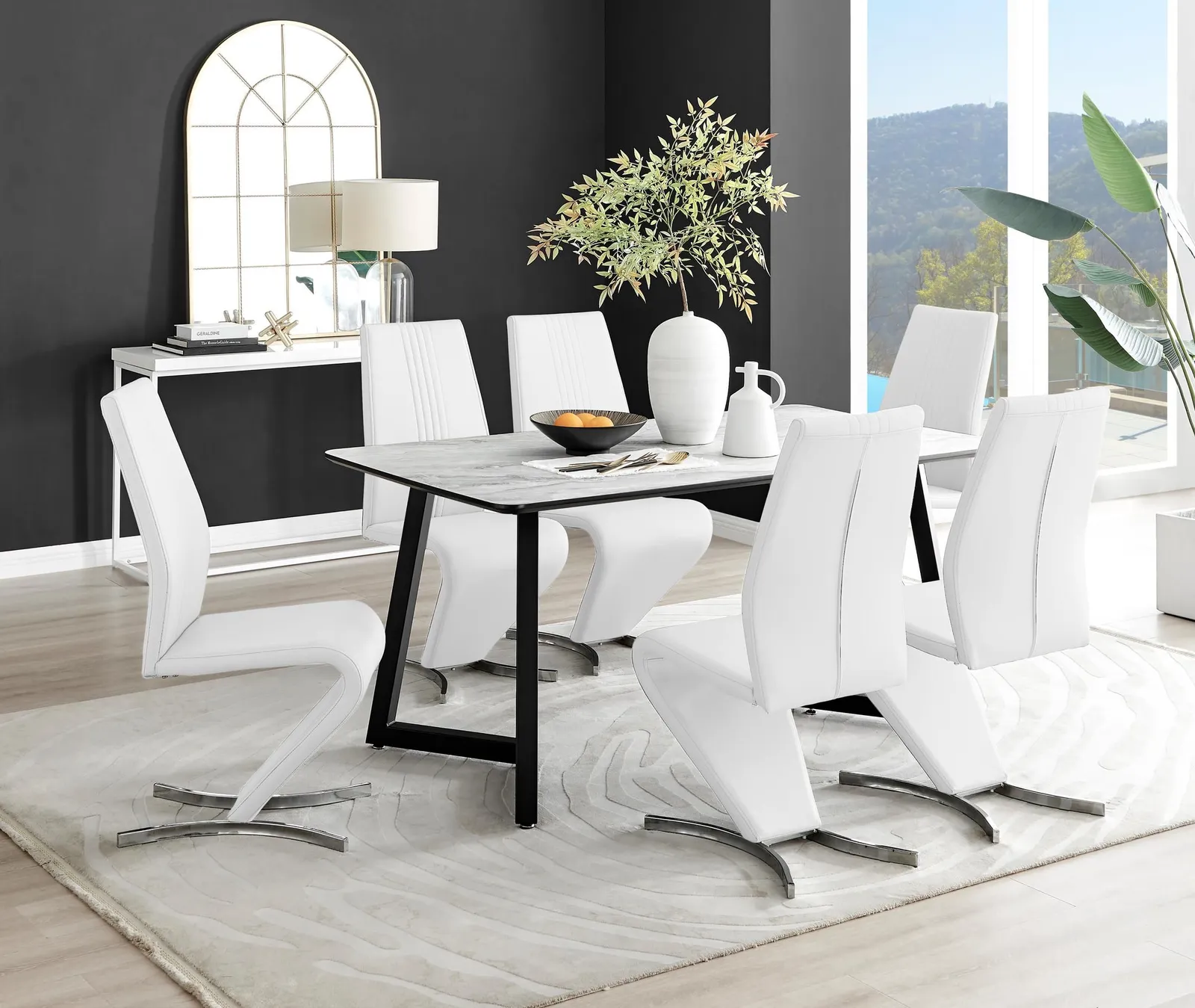 FurnitureboxUK Carson White Marble Effect Dining Table & 6 Willow Chairs 1