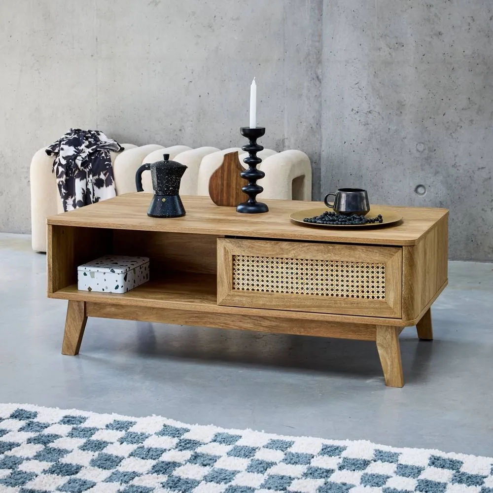 sweeek Coffee Table With Sliding Door Wood & Cane Effect in Light Brown