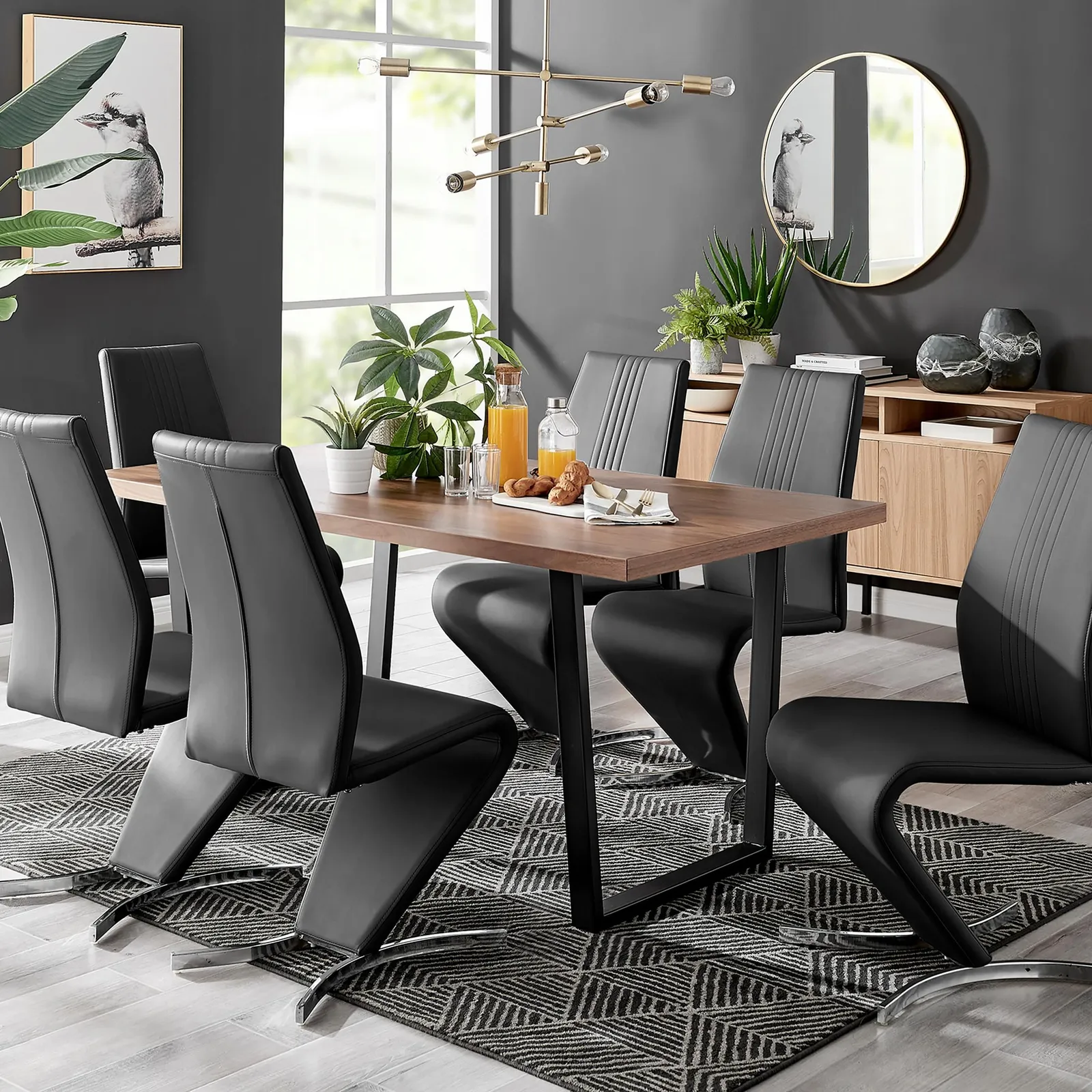 FurnitureboxUK Kylo Large Brown Wood Effect Dining Table & 6 Willow Faux Leather Chairs in Black 1