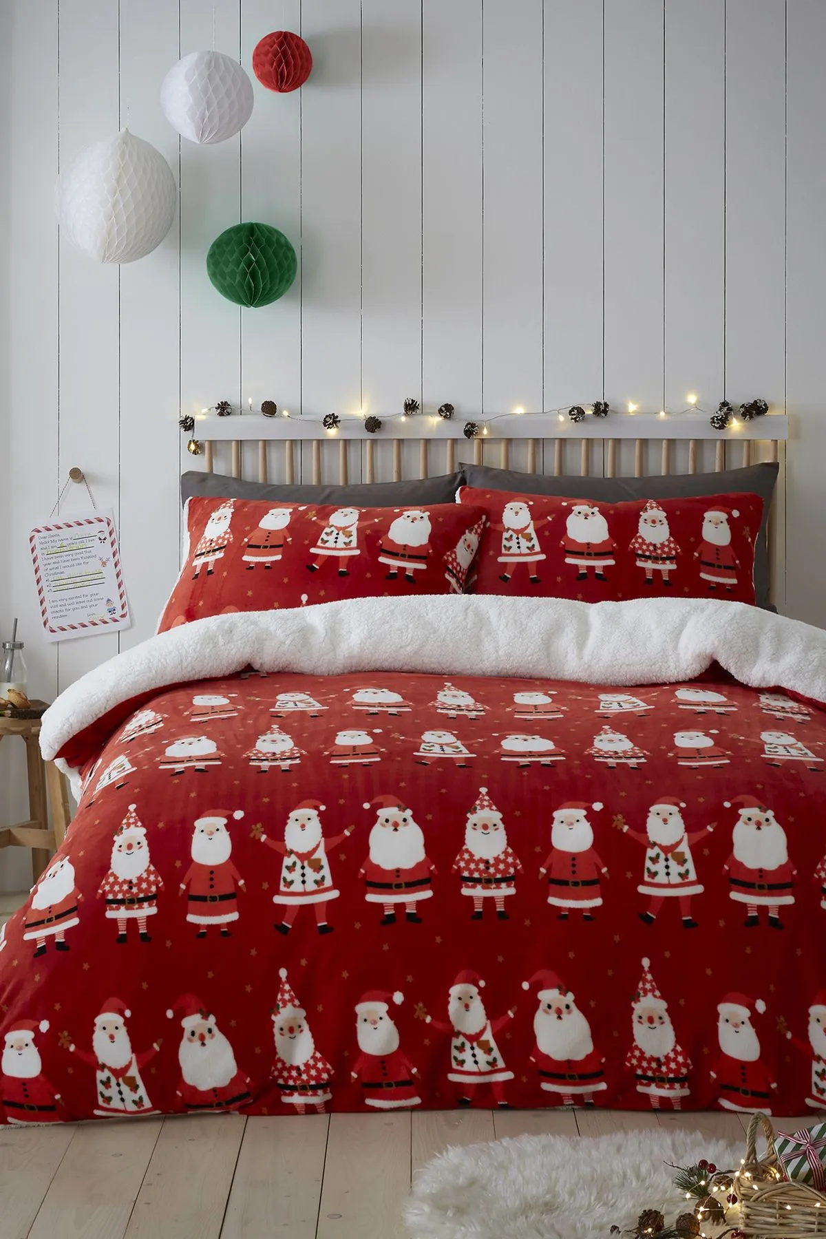 Bedlam 'Jolly Santa' Super Cosy Plush & Sherpa Duvet Cover Set in Red