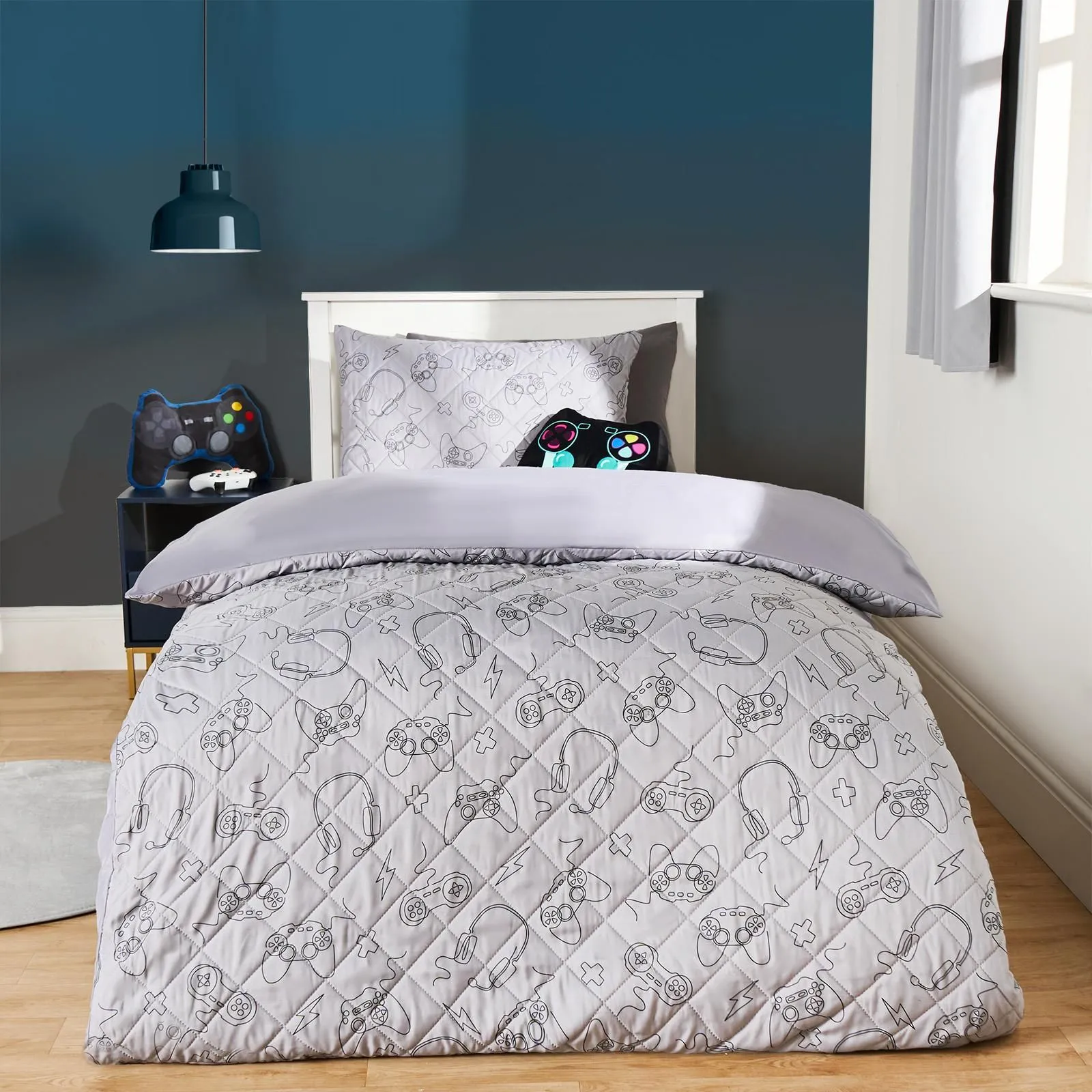 OHS Gaming Pinsonic Duvet Cover Quilt Pillowcase Soft Quilted Bedding Set in Charcoal