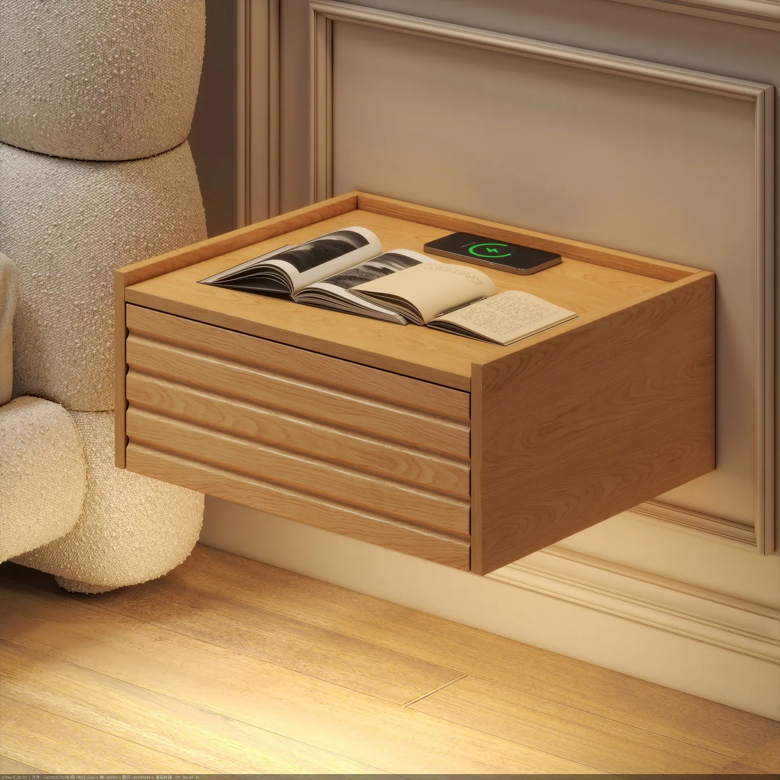Wooden Floating Nightstand Modern Bedside Table with Charging Station