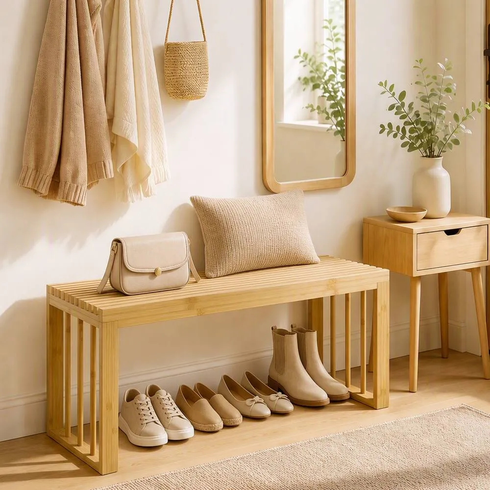 HOMCOM 90 cm Bamboo Shoe Bench, Backless Hallway Bench Seat, Natural 2